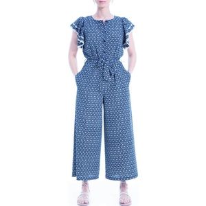 NWT MAX STUDIO GEOMETRIC FLUTTER SLEEVE BLUE CROP JUMPSUIT S ANTHROPOLOGIE